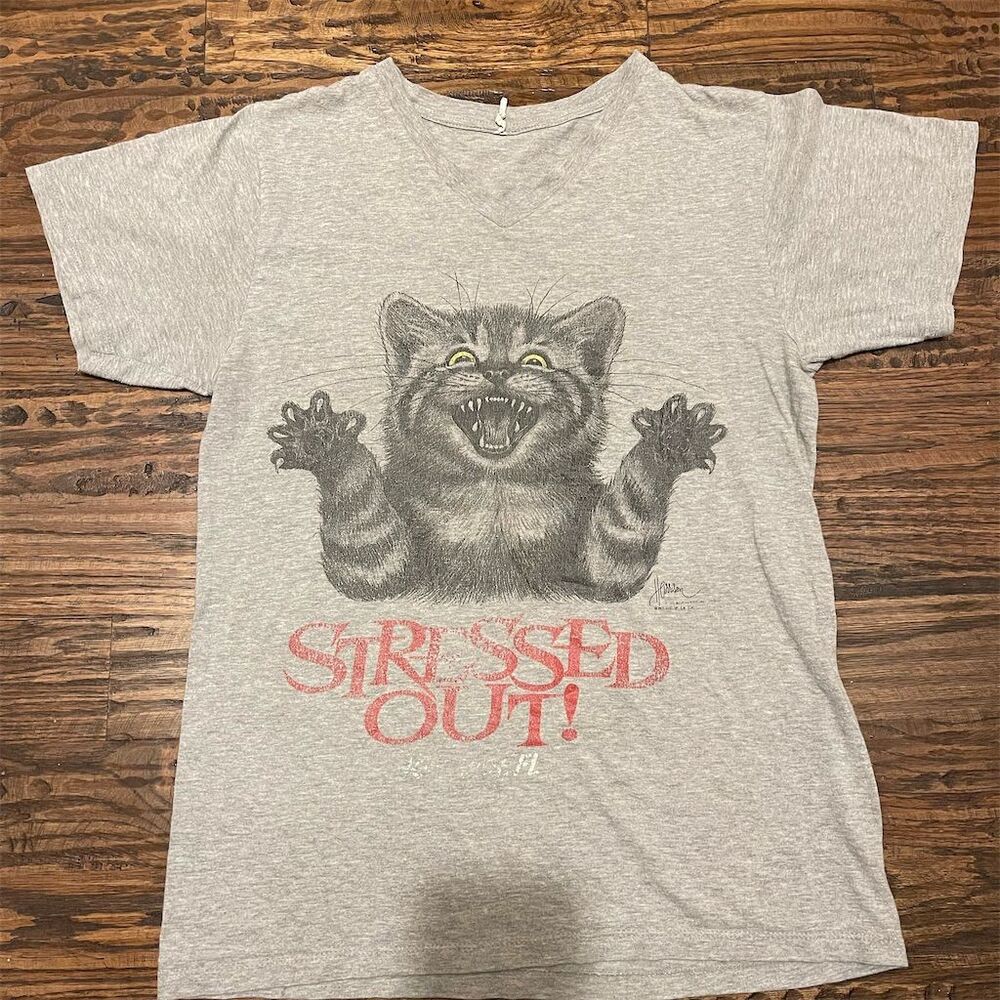 Vintage 90s Bob Harrison Stressed Out Cat Graphic T-Shirt Gray Cat Lady Tee